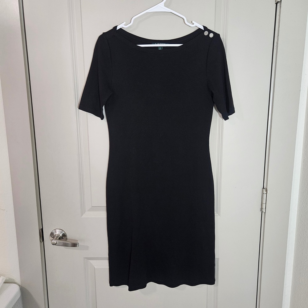 Lauren Ralph Lauren Black Cotton Ribbed Sheath Dress Button Shoulder Womens M‎